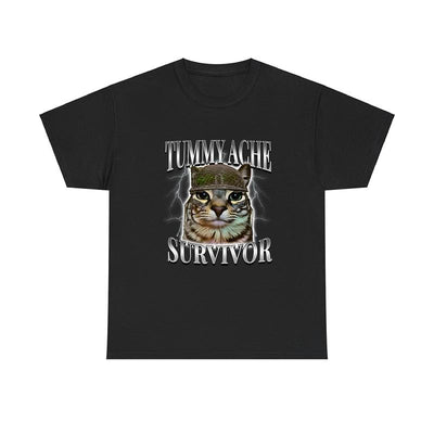 Tummy Ache Survivor T-Shirt – Funny Cat Meme Tshirt for Men – Vintage Graphic Short Sleeve Tee, Casual Menswear Top & Humor Apparel Gift