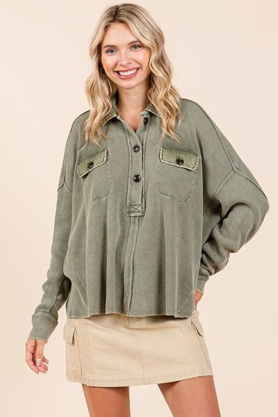 Mittoshop Mineral Wash Waffle Knit Collared Neck Henley Top