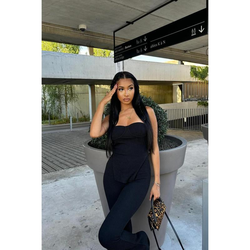 Call My Name Ribbed Pant Set - Black