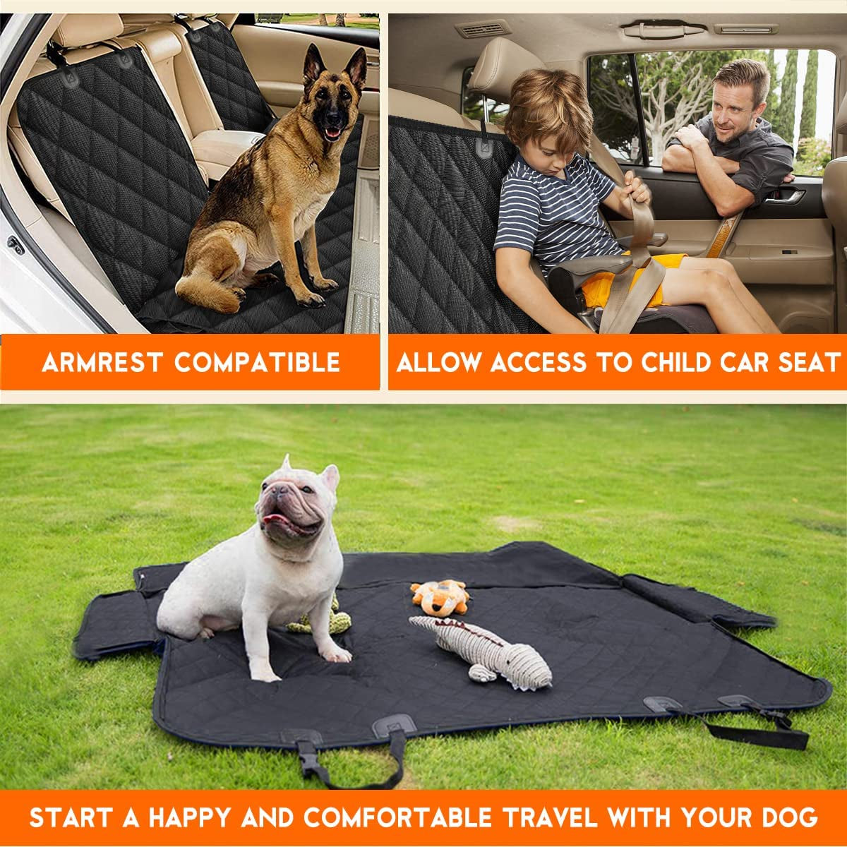 Dog Car Seat Cover - Waterproof Back Seat Protector for Pets, Non-Slip Design Fits Most Cars, Trucks, and SUVs with Middle Armrest - Black